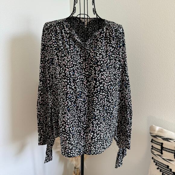 Rebecca Taylor Black Floral Silk Long Sleeve Button Up Blouse Size 4- cottage - Picture 1 of 10
